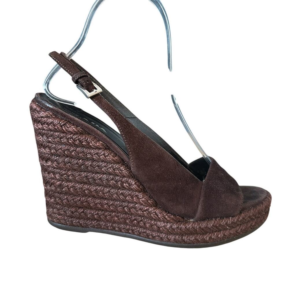 Prada Y2K Vintage Brown Suede Slingback Wedge Chunky Sandals 36.5 - Picture 10 of 10